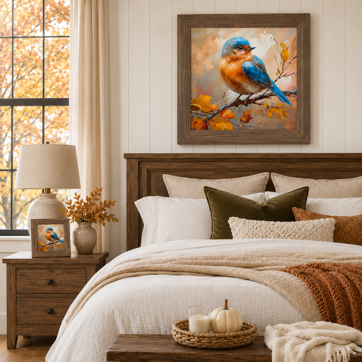 Bluebird Wall Art – Oil Painted Autumn Bird on Branch No Words Fall Nature Decor (NS27)