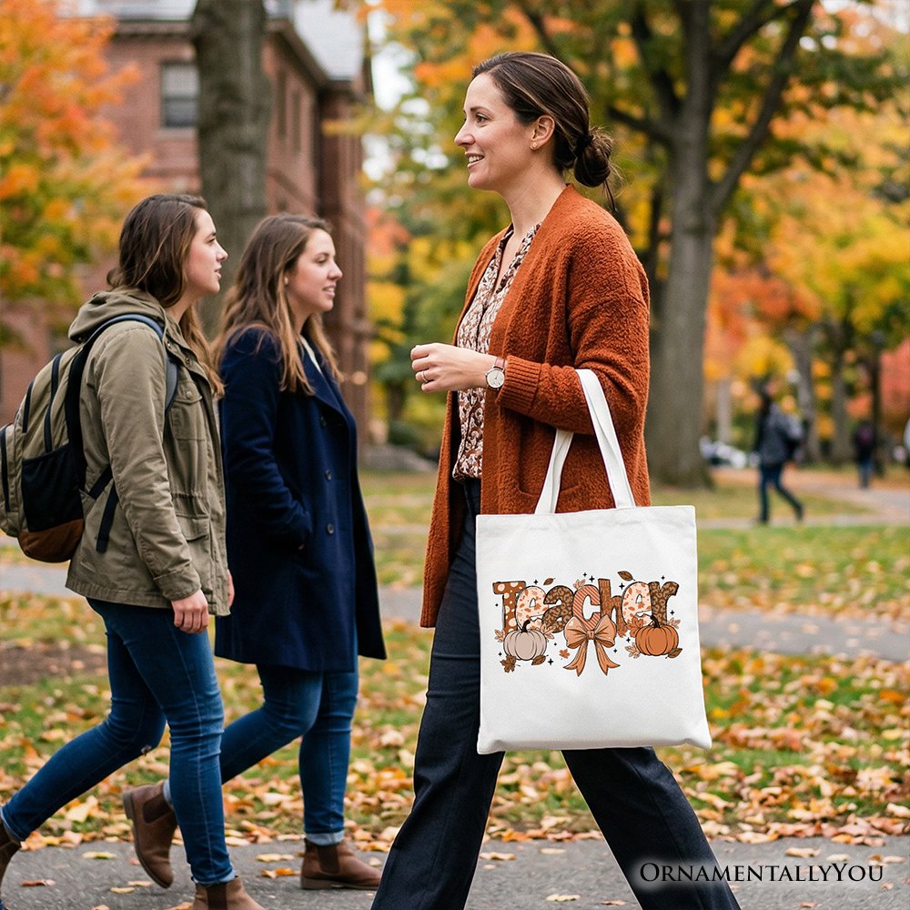 Teacher Coquette Autumn Tote Bag, Cozy Fall Pumpkin Gift Shopper for Educators
