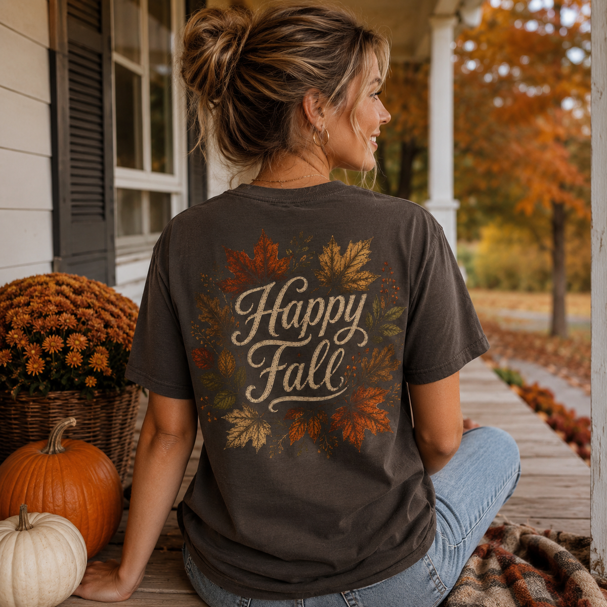 Happy Fall Autumn Leaves T-Shirt – Dark Chocolate