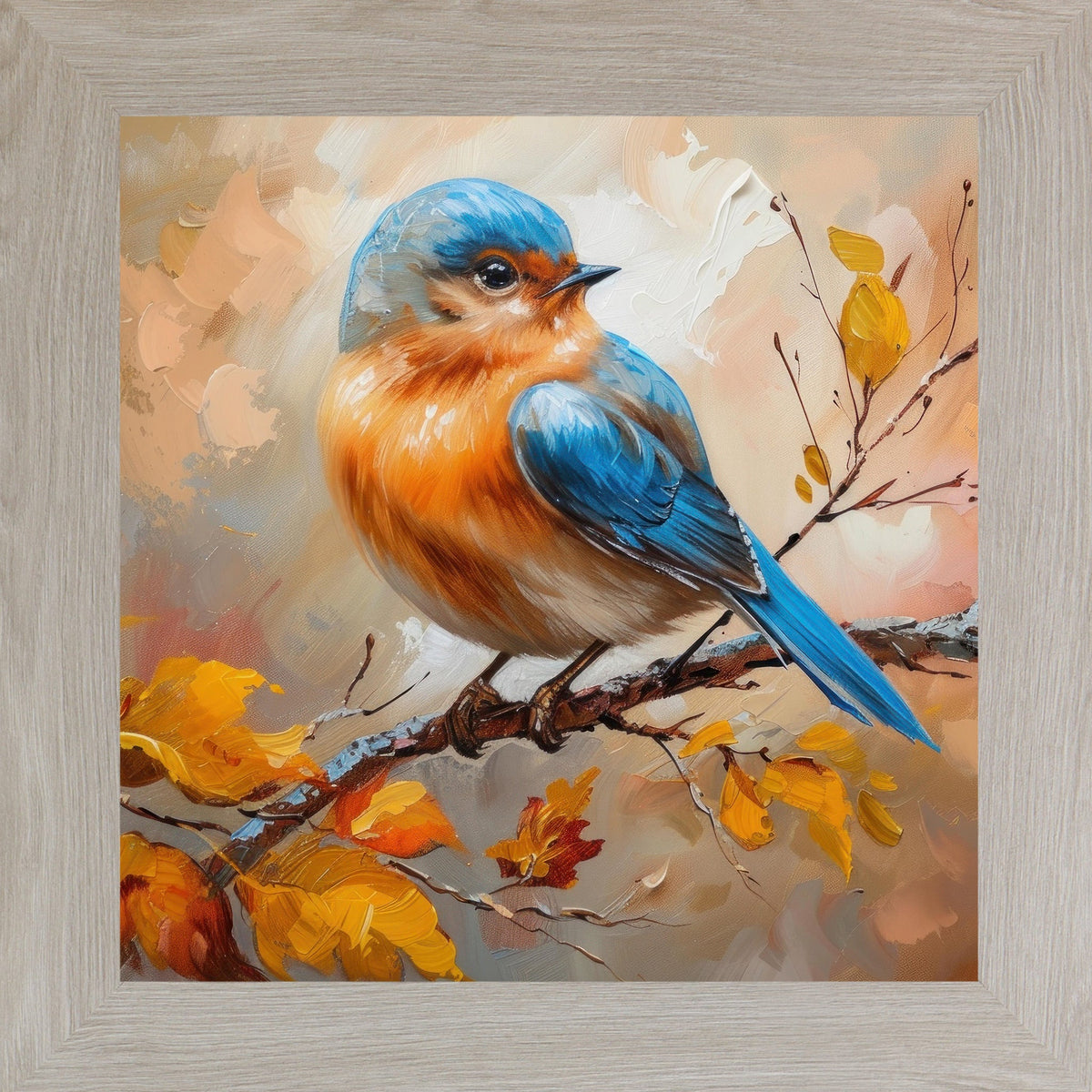 Bluebird Wall Art – Oil Painted Autumn Bird on Branch No Words Fall Nature Decor (NS27)