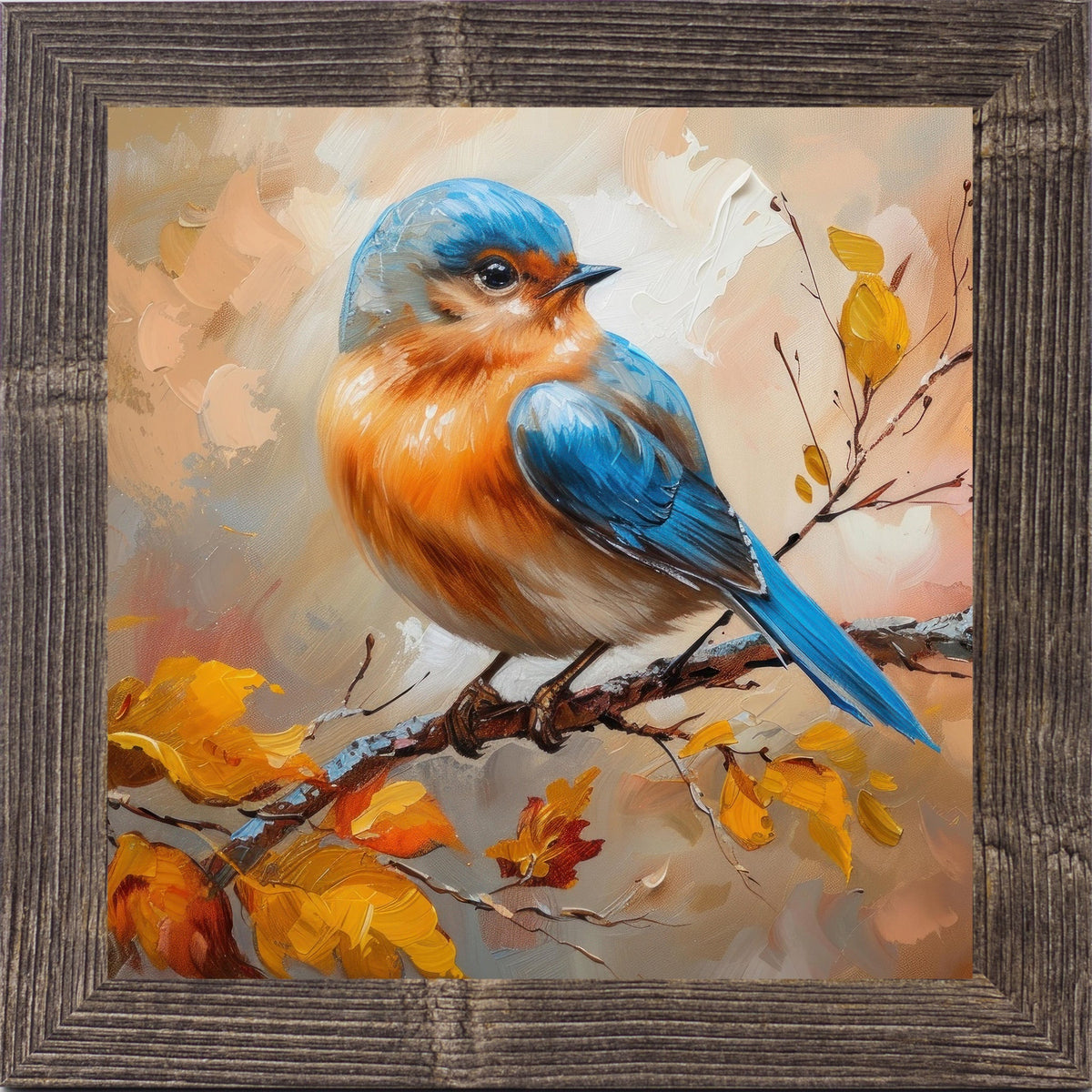Bluebird Wall Art – Oil Painted Autumn Bird on Branch No Words Fall Nature Decor (NS27)